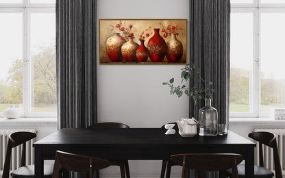Dining Room Framed Canvas Wall Art Red Gold Vases With Flowers Painting