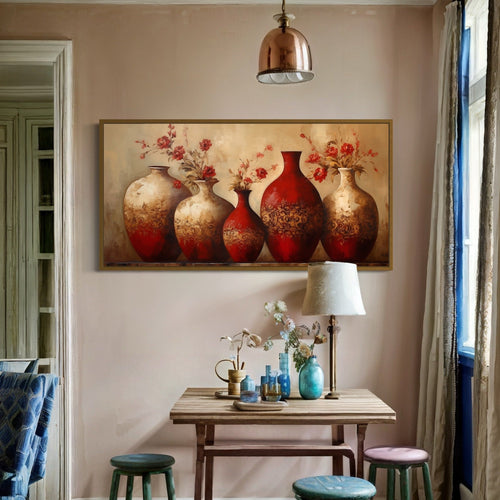 Dining Room Framed Canvas Wall Art Red Gold Vases With Flowers Painting