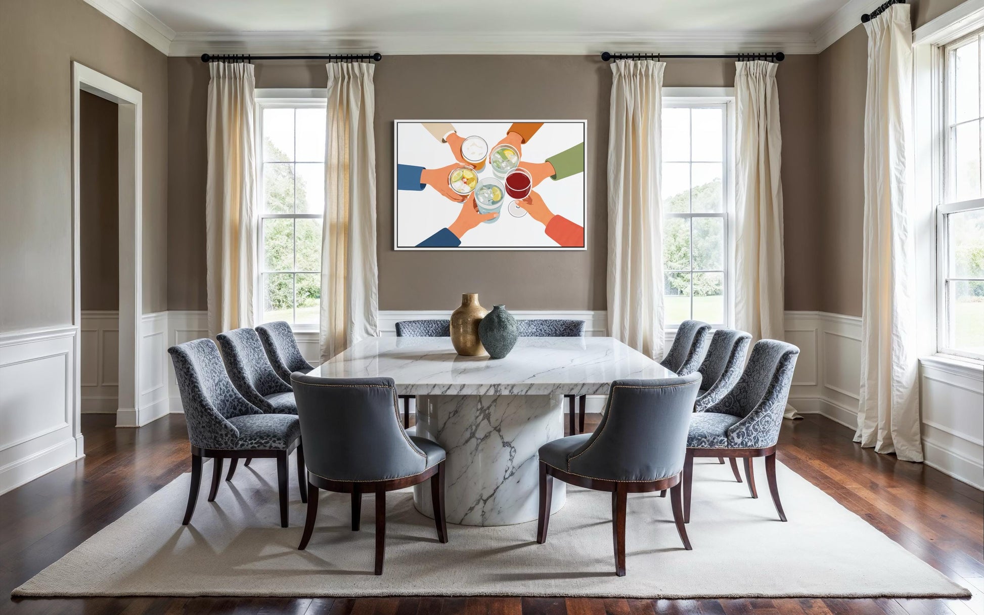 Dining Room Wall Art - Cheers Wall Art Canvas Print | Friends Toasting Drinks Illustration