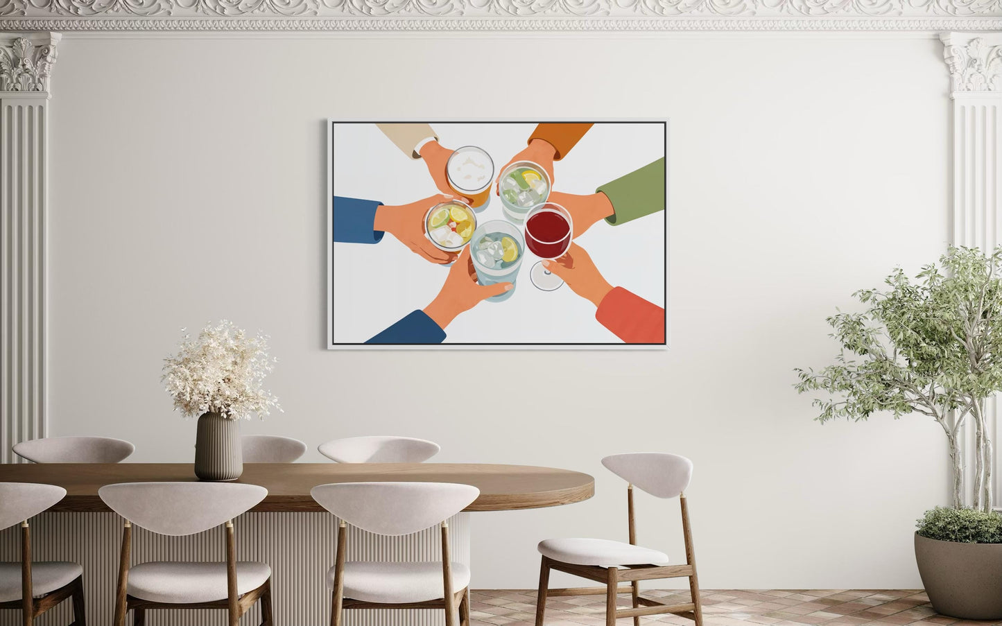 Dining Room Wall Art - Cheers Wall Art Canvas Print | Friends Toasting Drinks Illustration