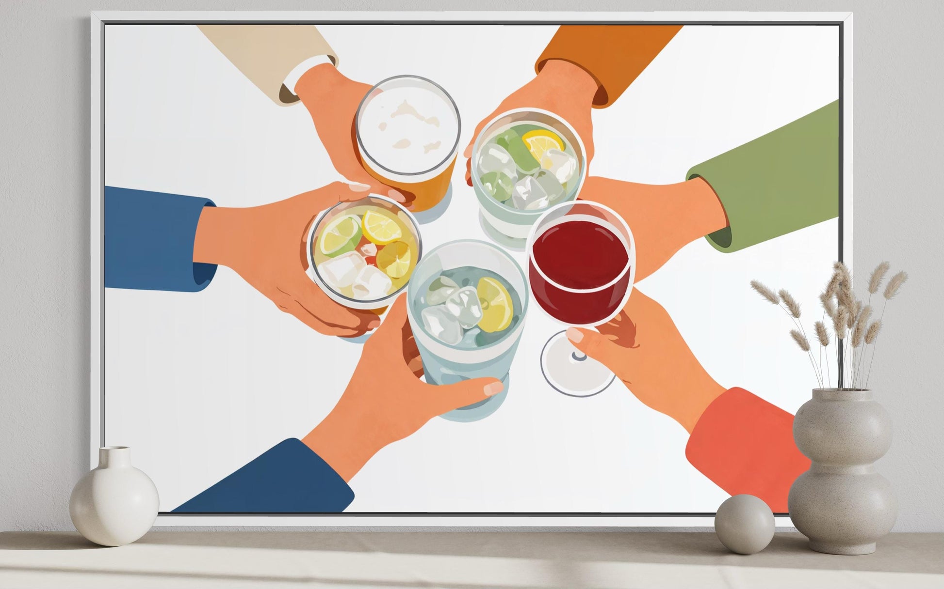 Dining Room Wall Art - Cheers Wall Art Canvas Print | Friends Toasting Drinks Illustration