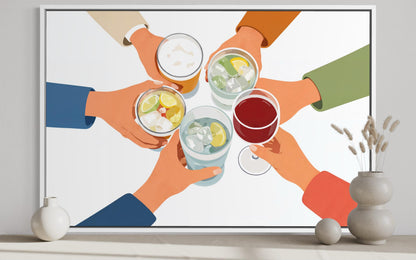Dining Room Wall Art - Cheers Wall Art Canvas Print | Friends Toasting Drinks Illustration