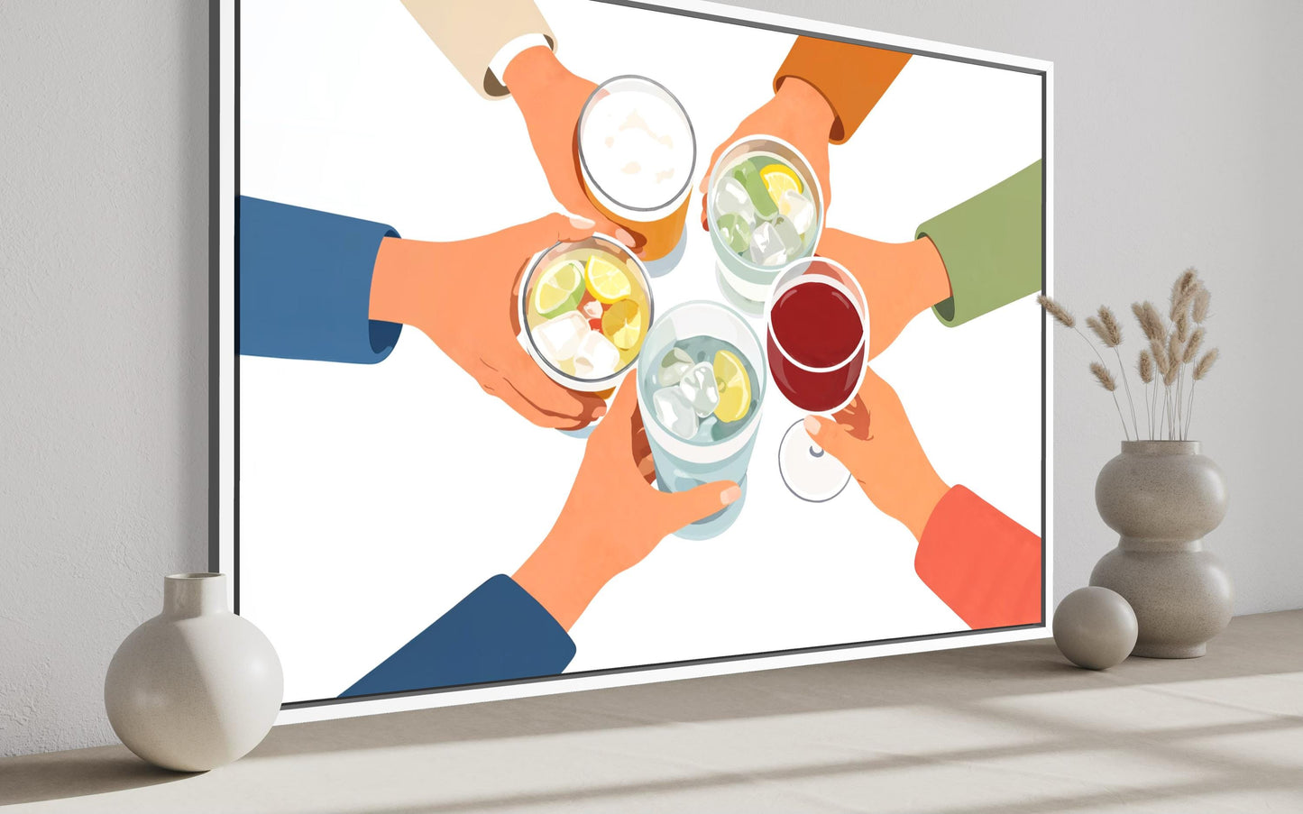 Dining Room Wall Art - Cheers Wall Art Canvas Print | Friends Toasting Drinks Illustration