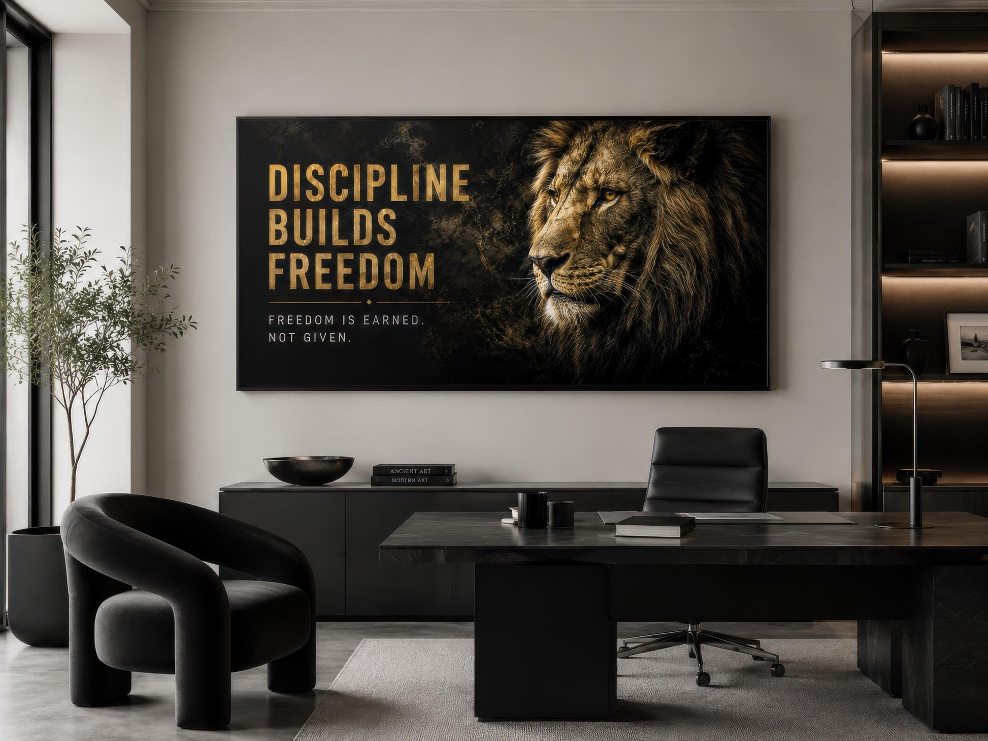 Discipline Builds Freedom Motivational Lion Wall Art – Black Gold Canvas for Mens Office