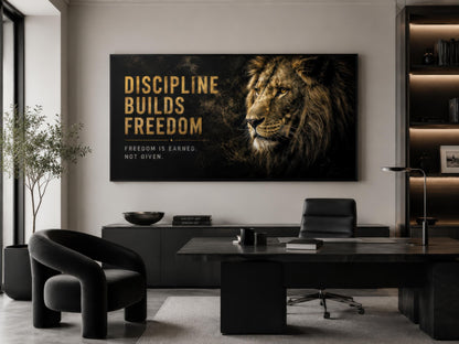 Discipline Builds Freedom Motivational Lion Wall Art – Black Gold Canvas for Mens Office