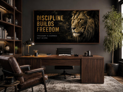Discipline Builds Freedom Motivational Lion Wall Art – Black Gold Canvas for Mens Office