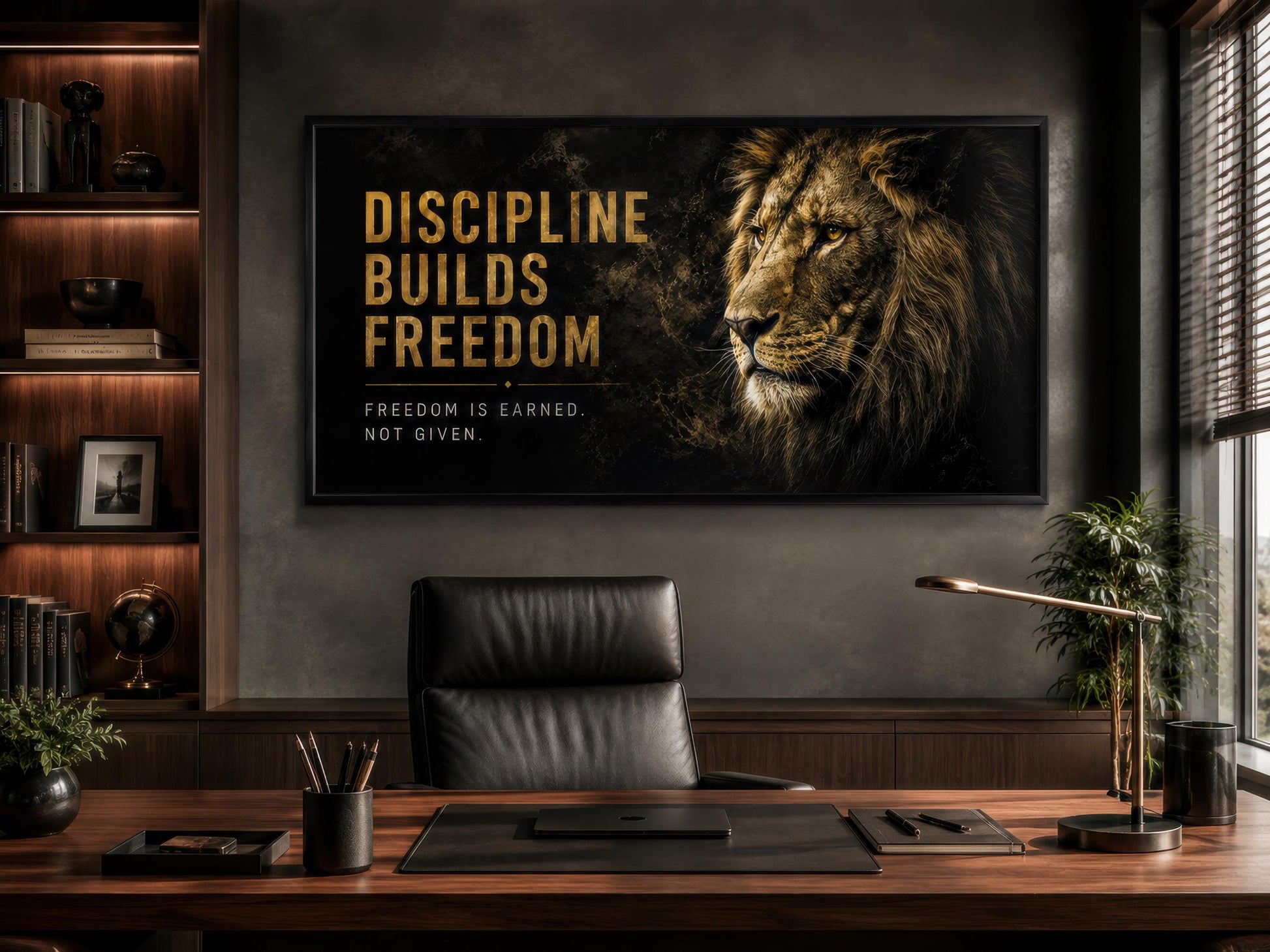 Discipline Builds Freedom Motivational Lion Wall Art – Black Gold Canvas for Mens Office