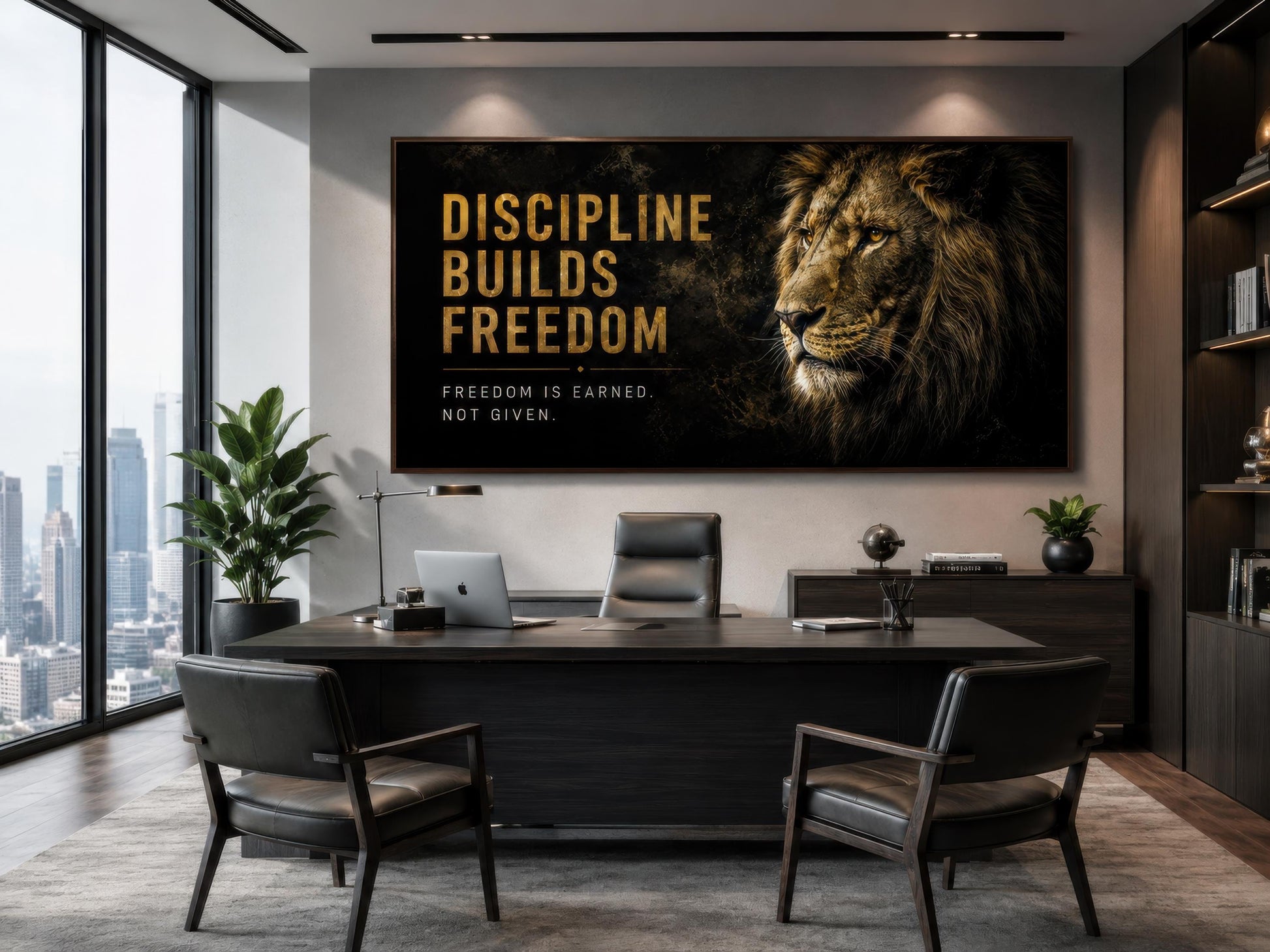 Discipline Builds Freedom Motivational Lion Wall Art – Black Gold Canvas for Mens Office