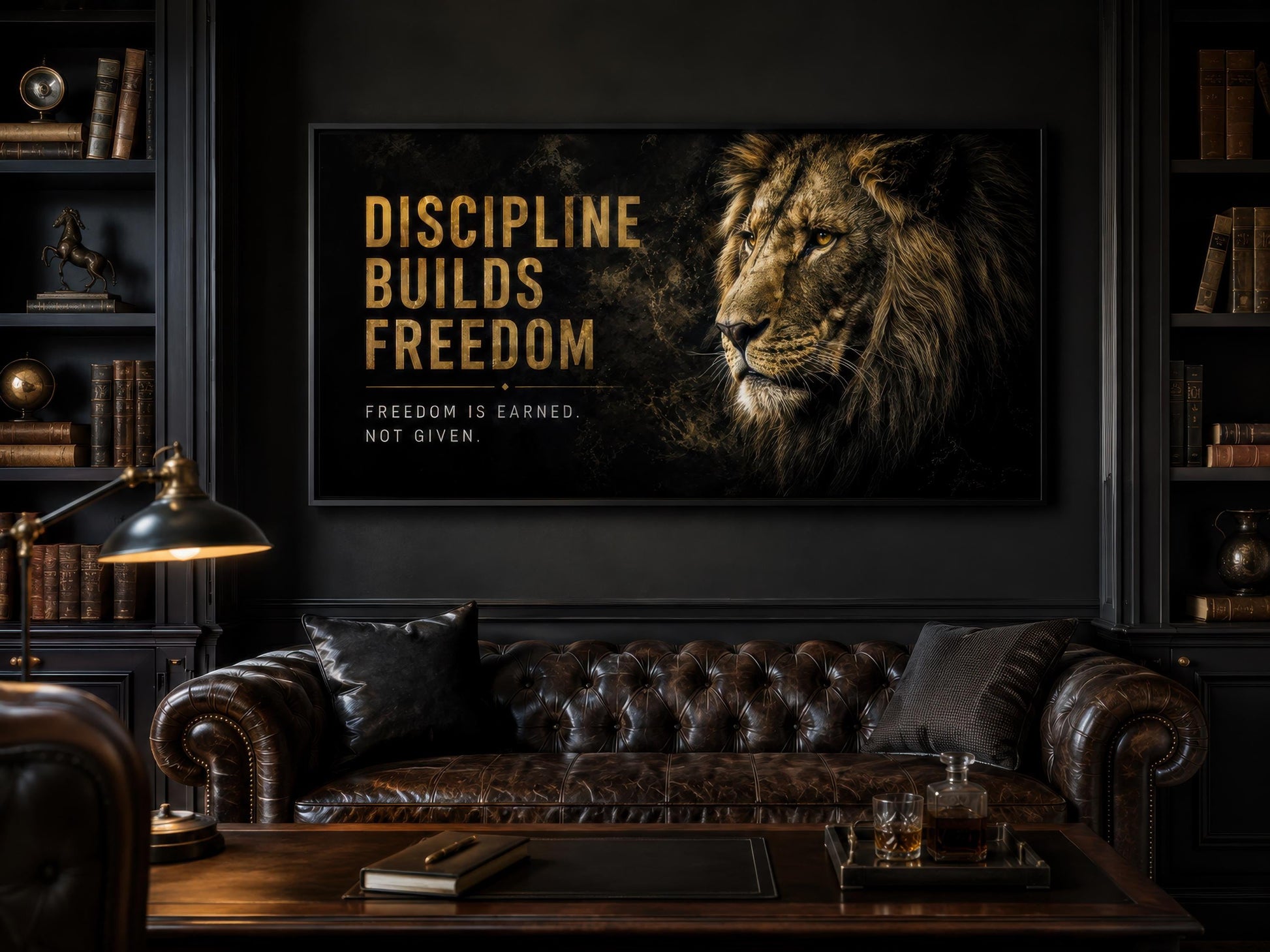 Discipline Builds Freedom Motivational Lion Wall Art – Black Gold Canvas for Mens Office