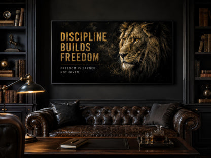 Discipline Builds Freedom Motivational Lion Wall Art – Black Gold Canvas for Mens Office