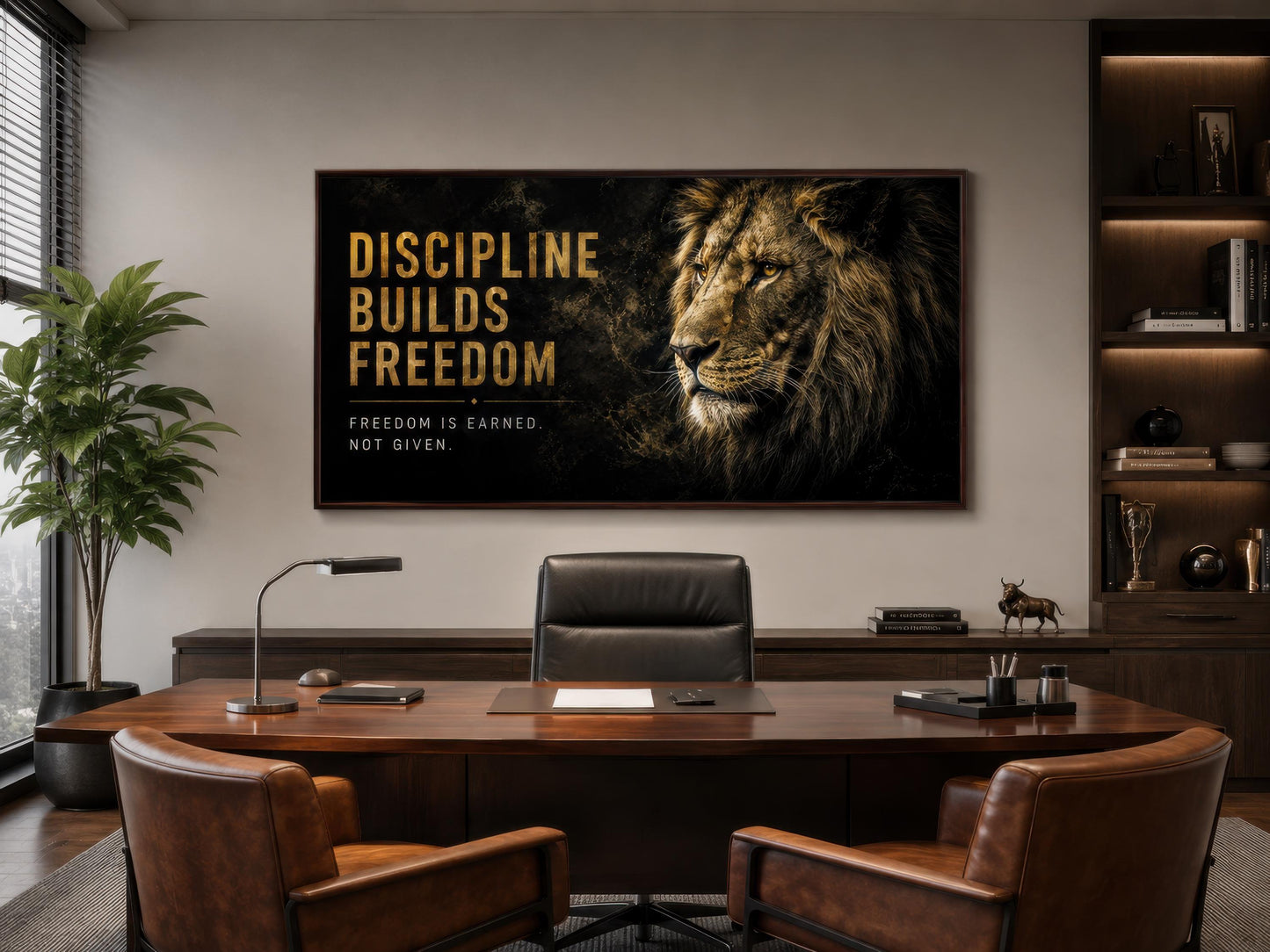 Discipline Builds Freedom Motivational Lion Wall Art – Black Gold Canvas for Mens Office