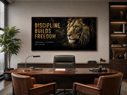 Discipline Builds Freedom Motivational Lion Wall Art – Black Gold Canvas for Mens Office
