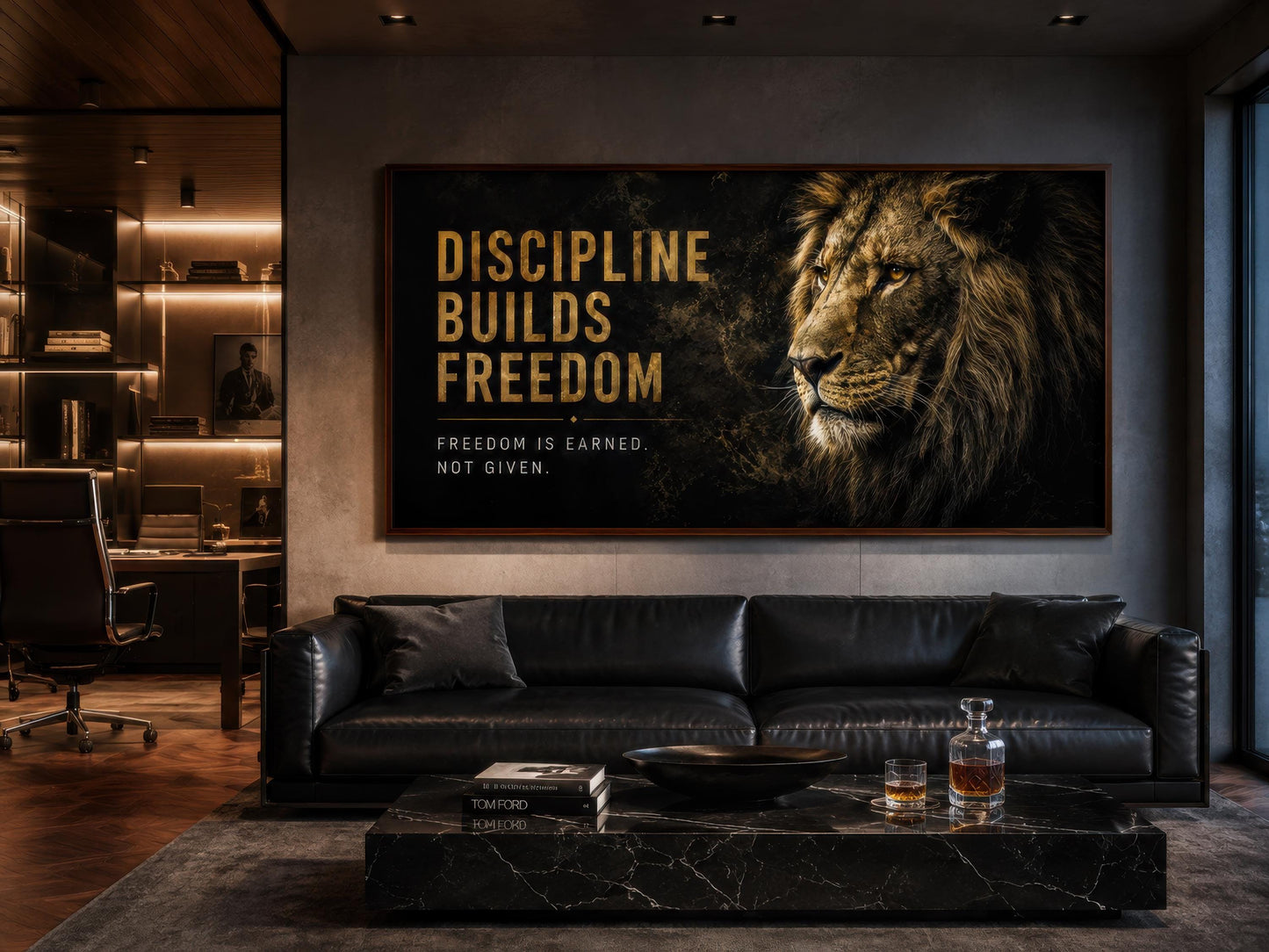 Discipline Builds Freedom Motivational Lion Wall Art – Black Gold Canvas for Mens Office