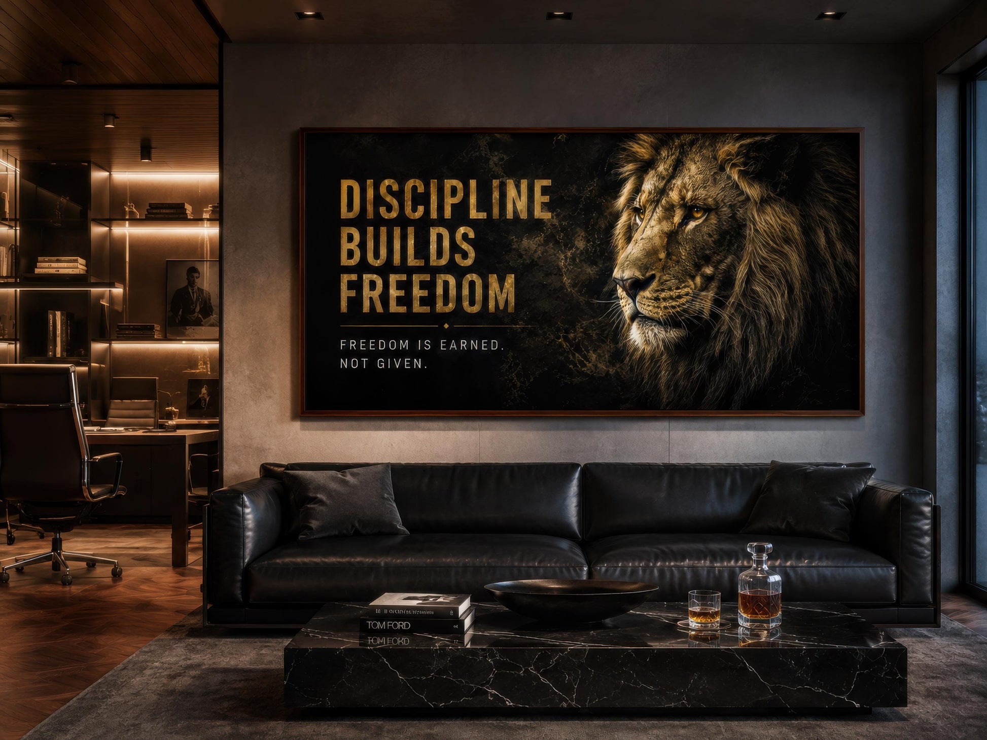 Discipline Builds Freedom Motivational Lion Wall Art – Black Gold Canvas for Mens Office