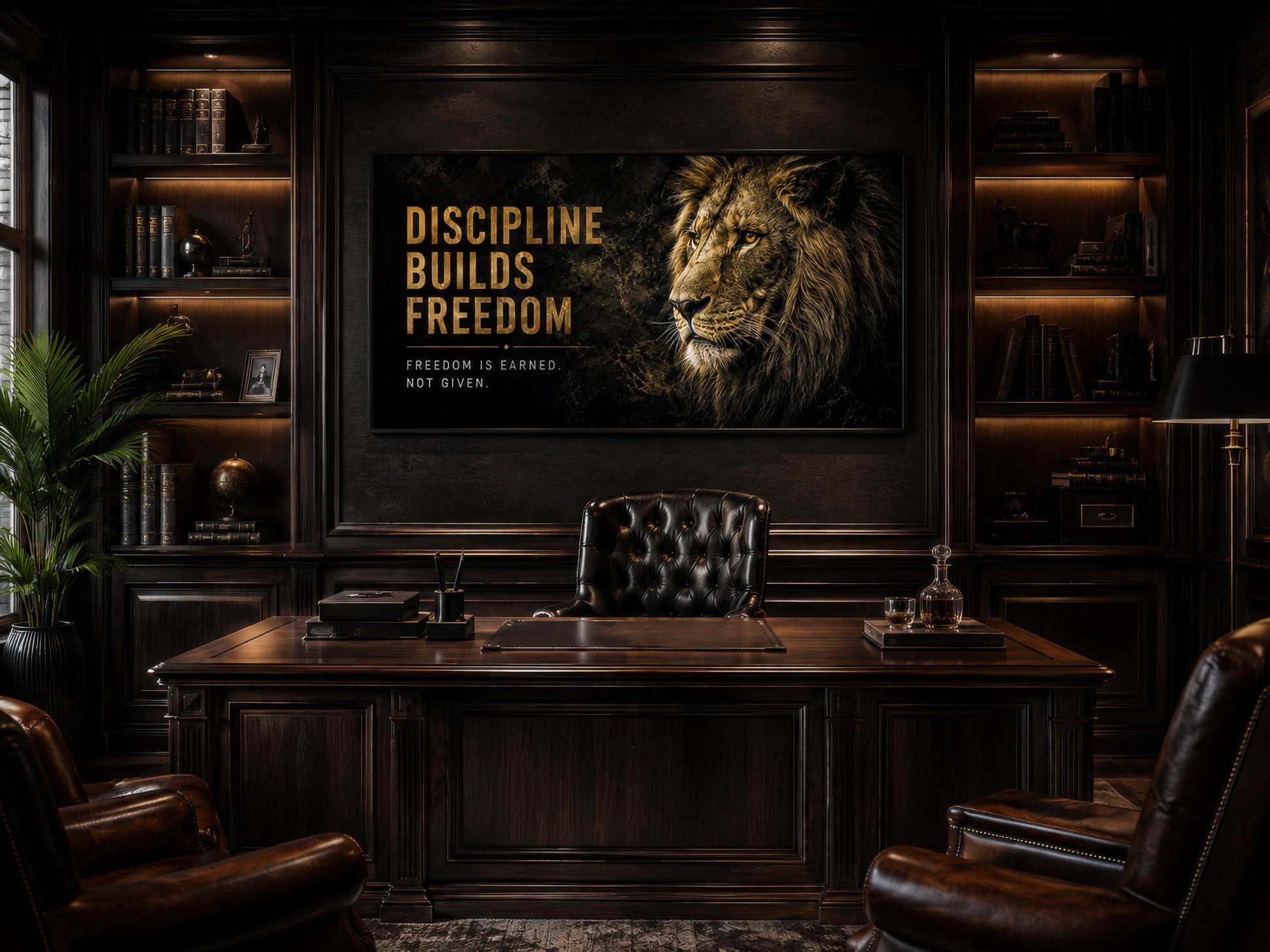 Discipline Builds Freedom Motivational Lion Wall Art – Black Gold Canvas for Mens Office