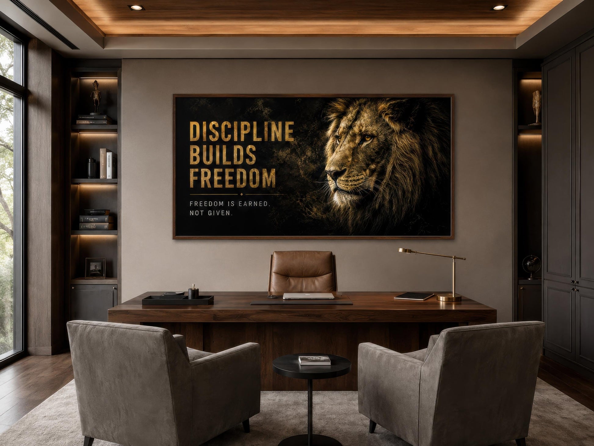 Discipline Builds Freedom Motivational Lion Wall Art – Black Gold Canvas for Mens Office