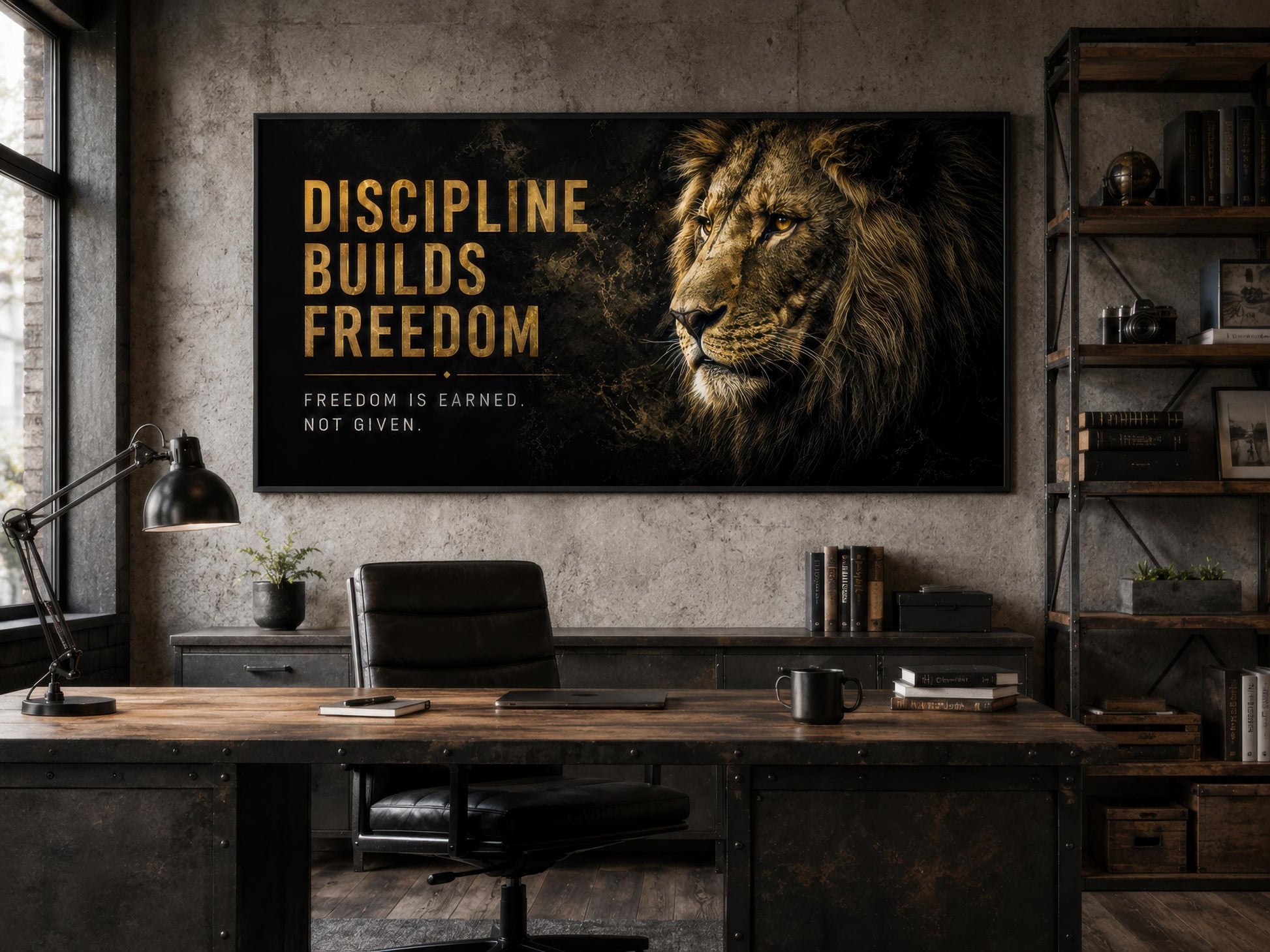 Discipline Builds Freedom Motivational Lion Wall Art – Black Gold Canvas for Mens Office