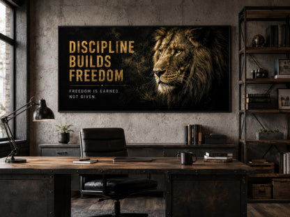 Discipline Builds Freedom Motivational Lion Wall Art – Black Gold Canvas for Mens Office