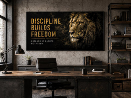 Discipline Builds Freedom Motivational Lion Wall Art – Black Gold Canvas for Mens Office