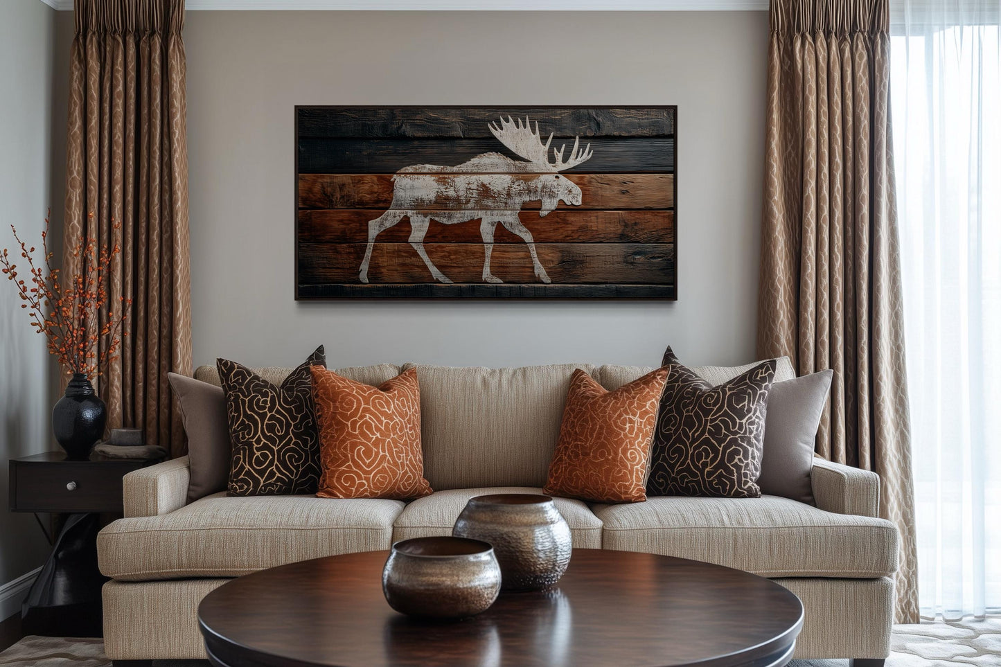 Distressed White Moose Silhouette On Wood Planks Framed Canvas Wall Art