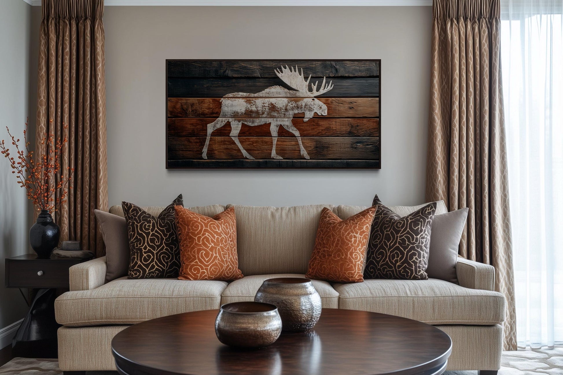 Distressed White Moose Silhouette On Wood Planks Framed Canvas Wall Art