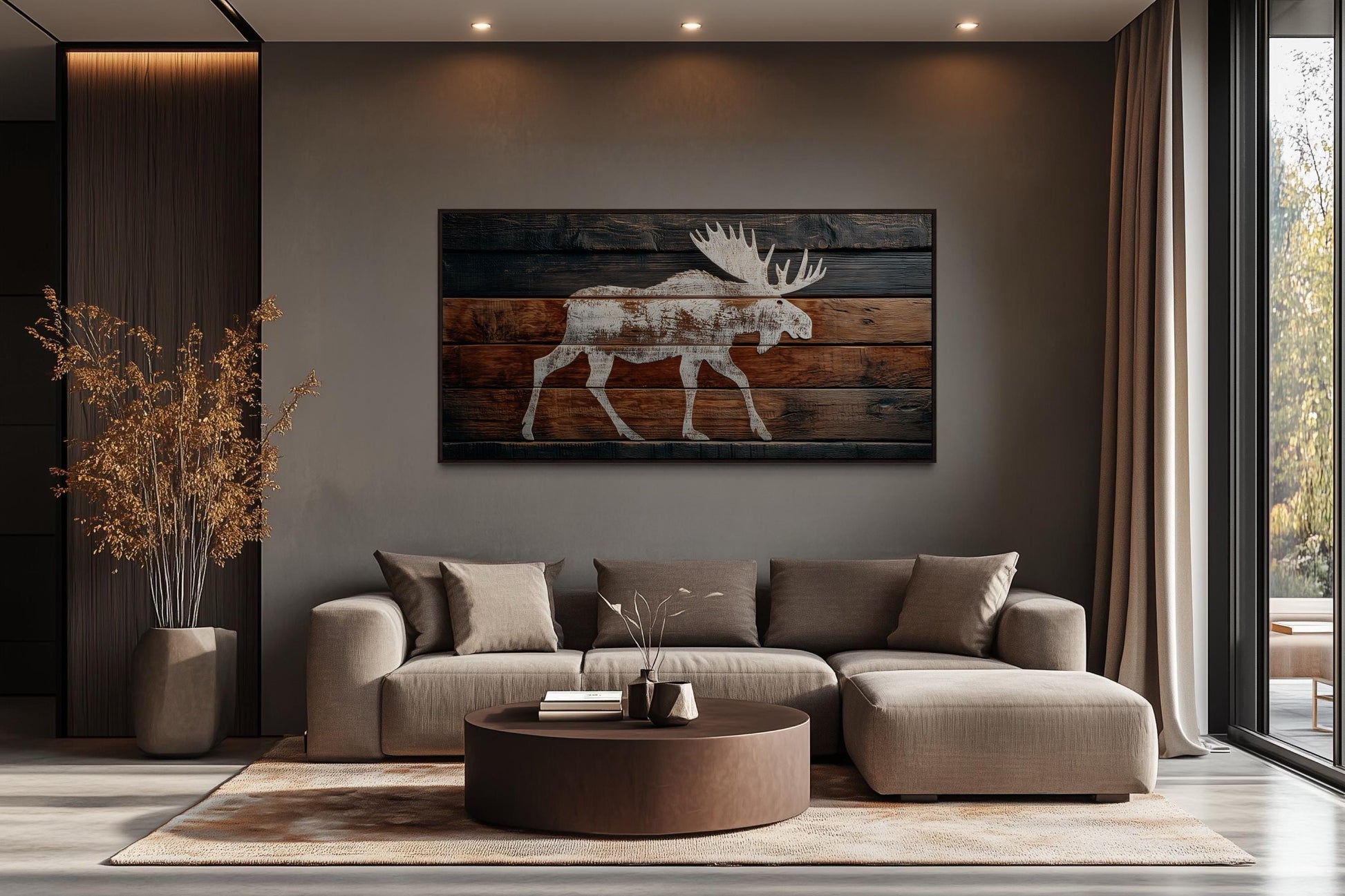 Distressed White Moose Silhouette On Wood Planks Framed Canvas Wall Art