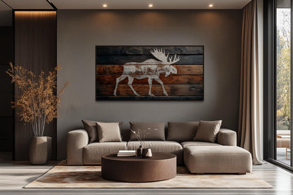Distressed White Moose Silhouette On Wood Planks Framed Canvas Wall Art