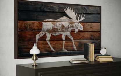 Distressed White Moose Silhouette On Wood Planks Framed Canvas Wall Art