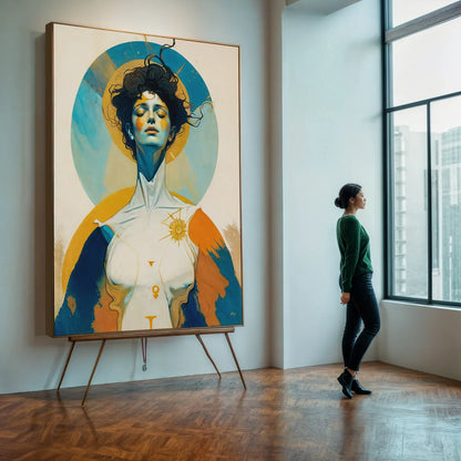 Woman looking at a large abstract painting in a modern room with a window. Canvas Print: "Divine Hypnosis"