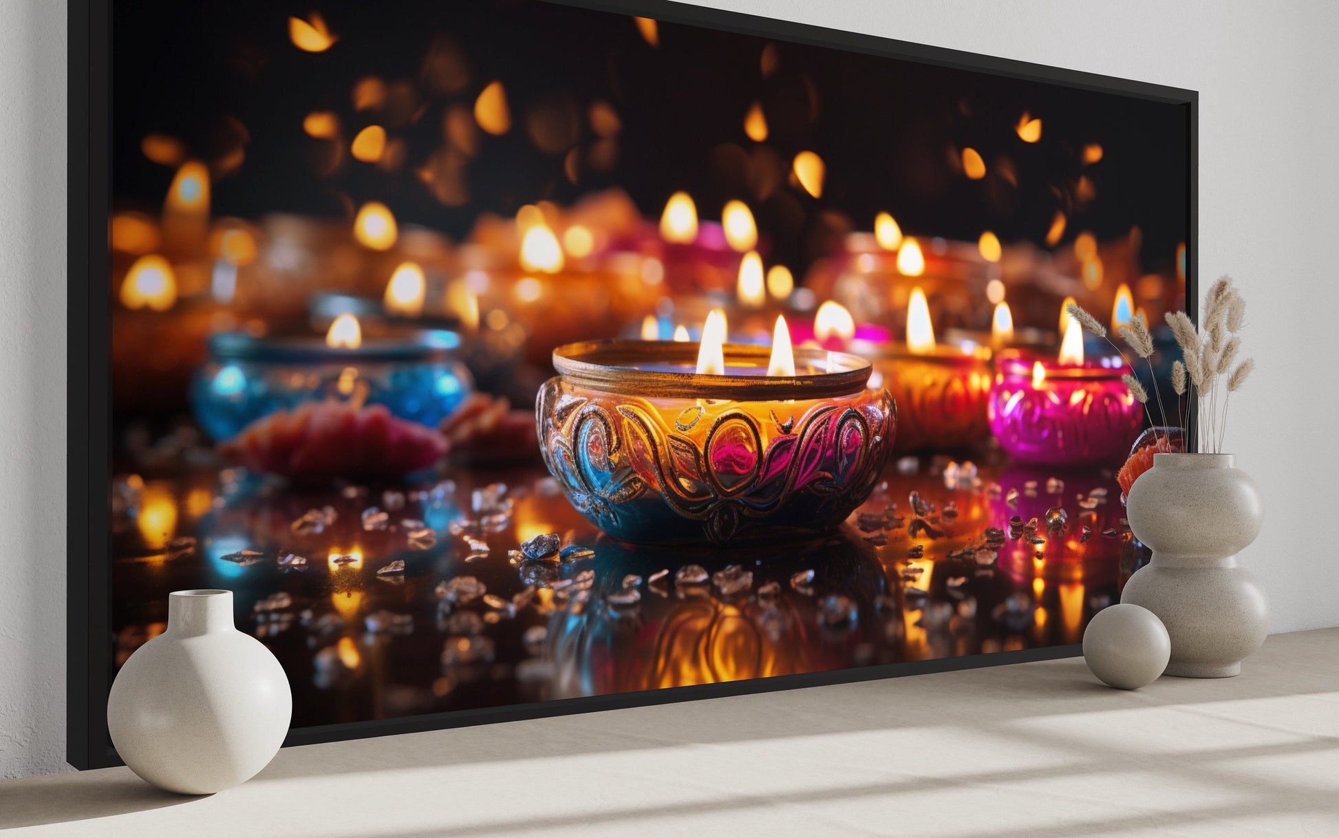 Diwali Festival Wall Art – Framed Indian Canvas Print With Glowing Diyas
