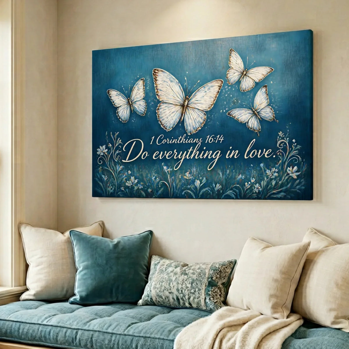 Decorative wall art with butterflies and a Bible verse on a blue background, above a sofa.