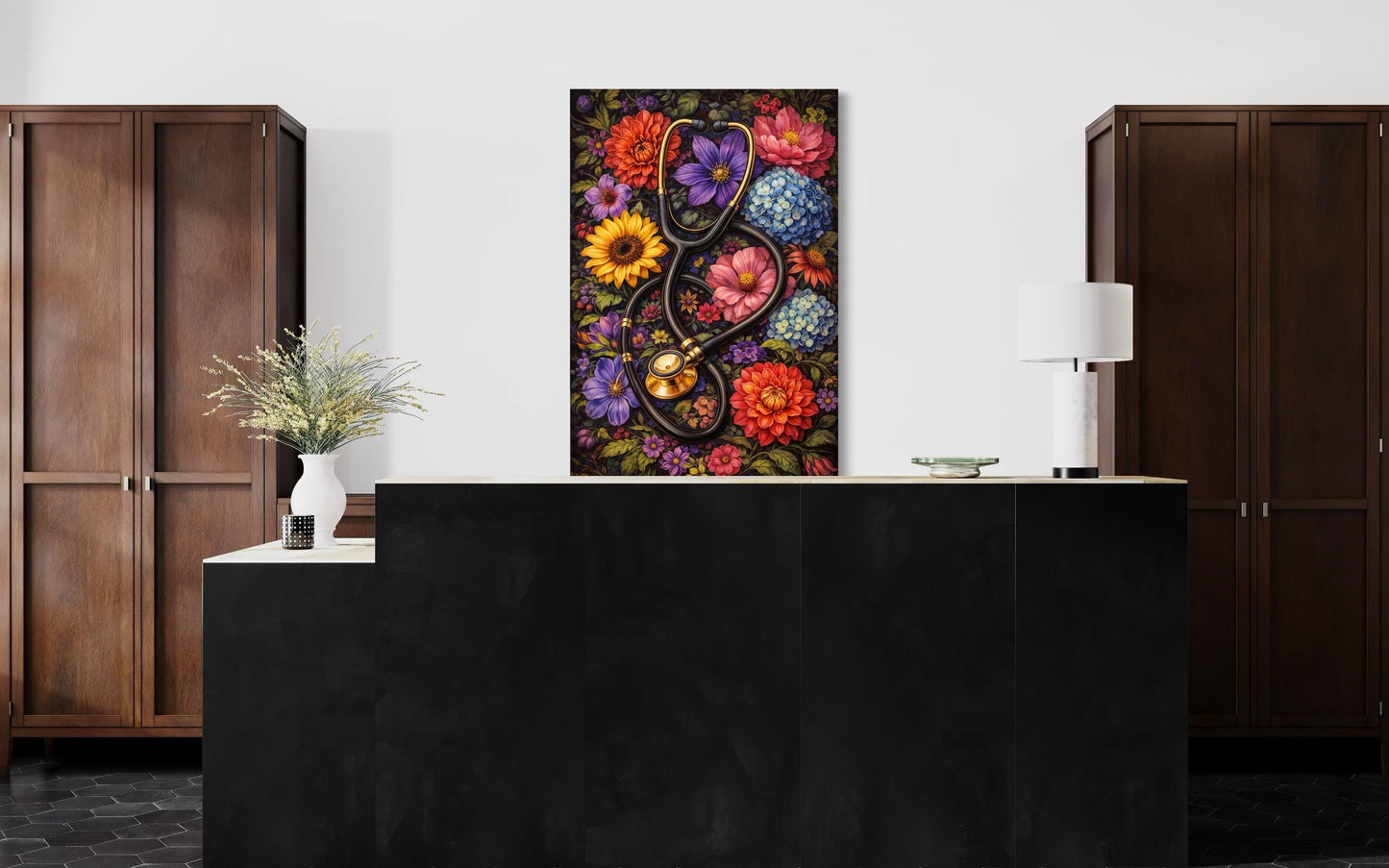 Doctor's Office Wall Art - Floral Stethoscope Canvas Print For Medical Office Decor & Clinic Walls