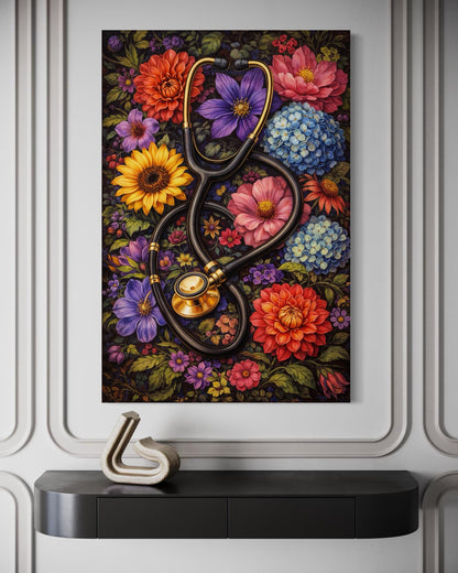 Doctor's Office Wall Art - Floral Stethoscope Canvas Print For Medical Office Decor & Clinic Walls