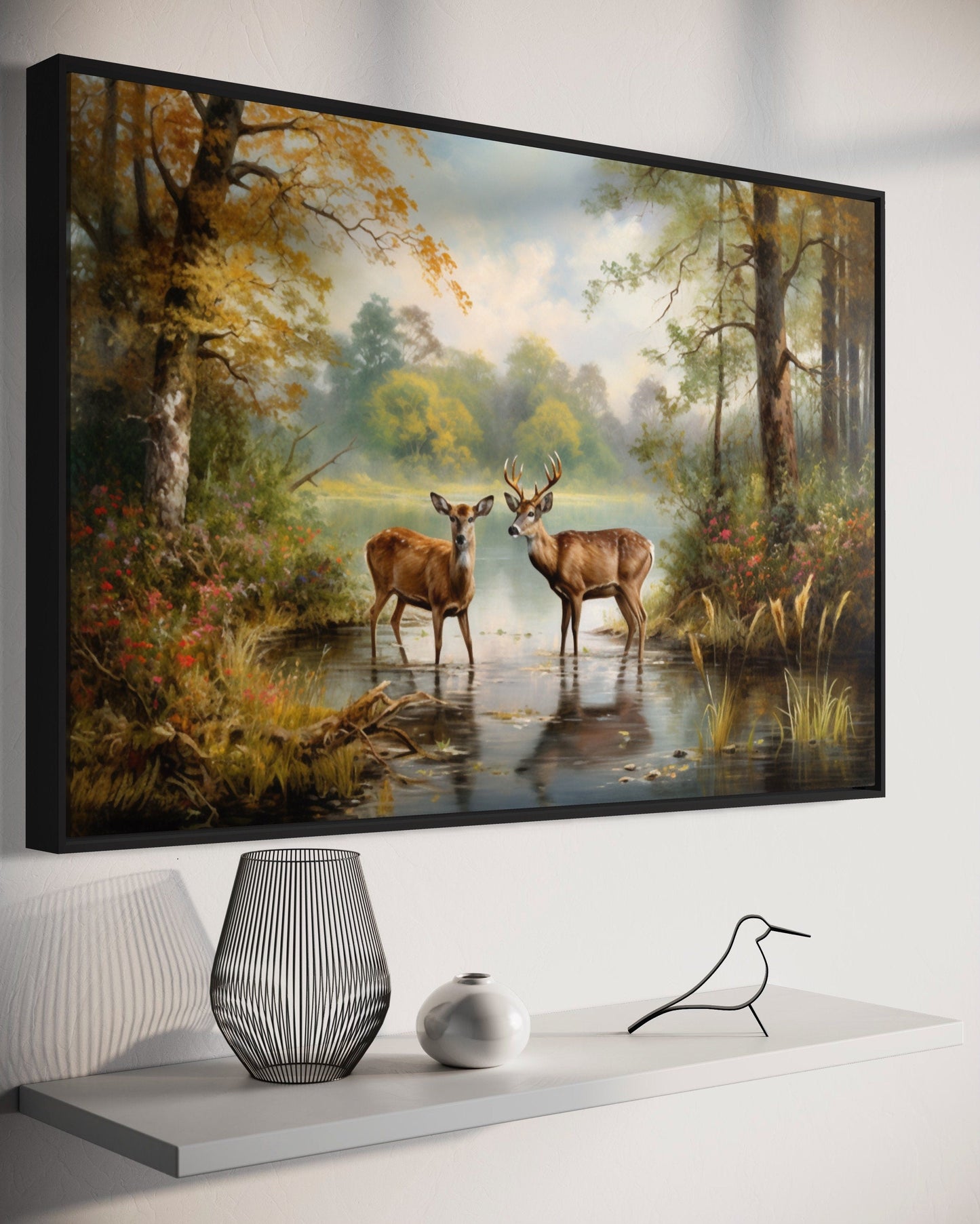 Doe And Buck In The Forest Framed Canvas Wall Art