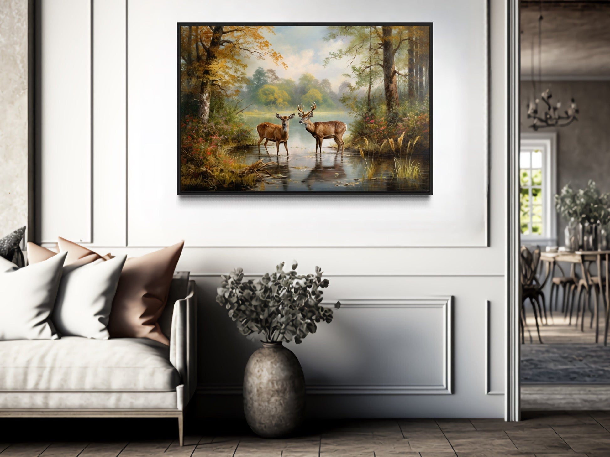 Doe And Buck In The Forest Framed Canvas Wall Art