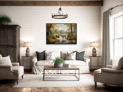 Doe And Buck In The Forest Framed Canvas Wall Art