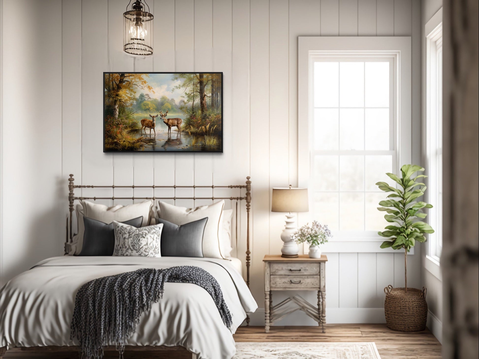 Doe And Buck In The Forest Framed Canvas Wall Art