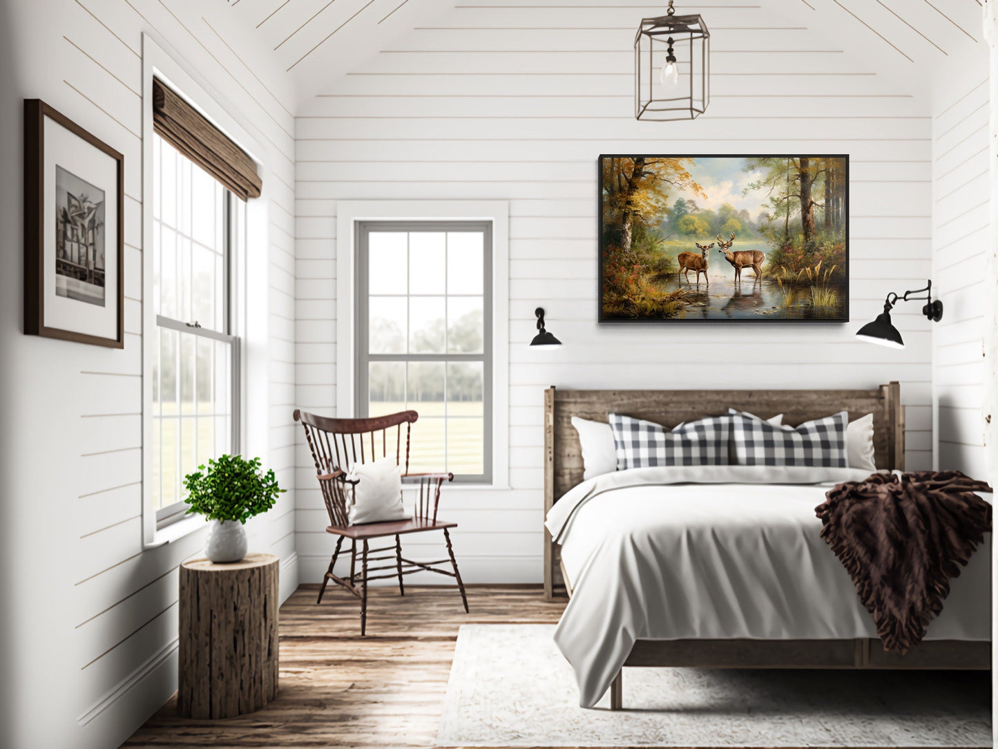 Doe And Buck In The Forest Framed Canvas Wall Art