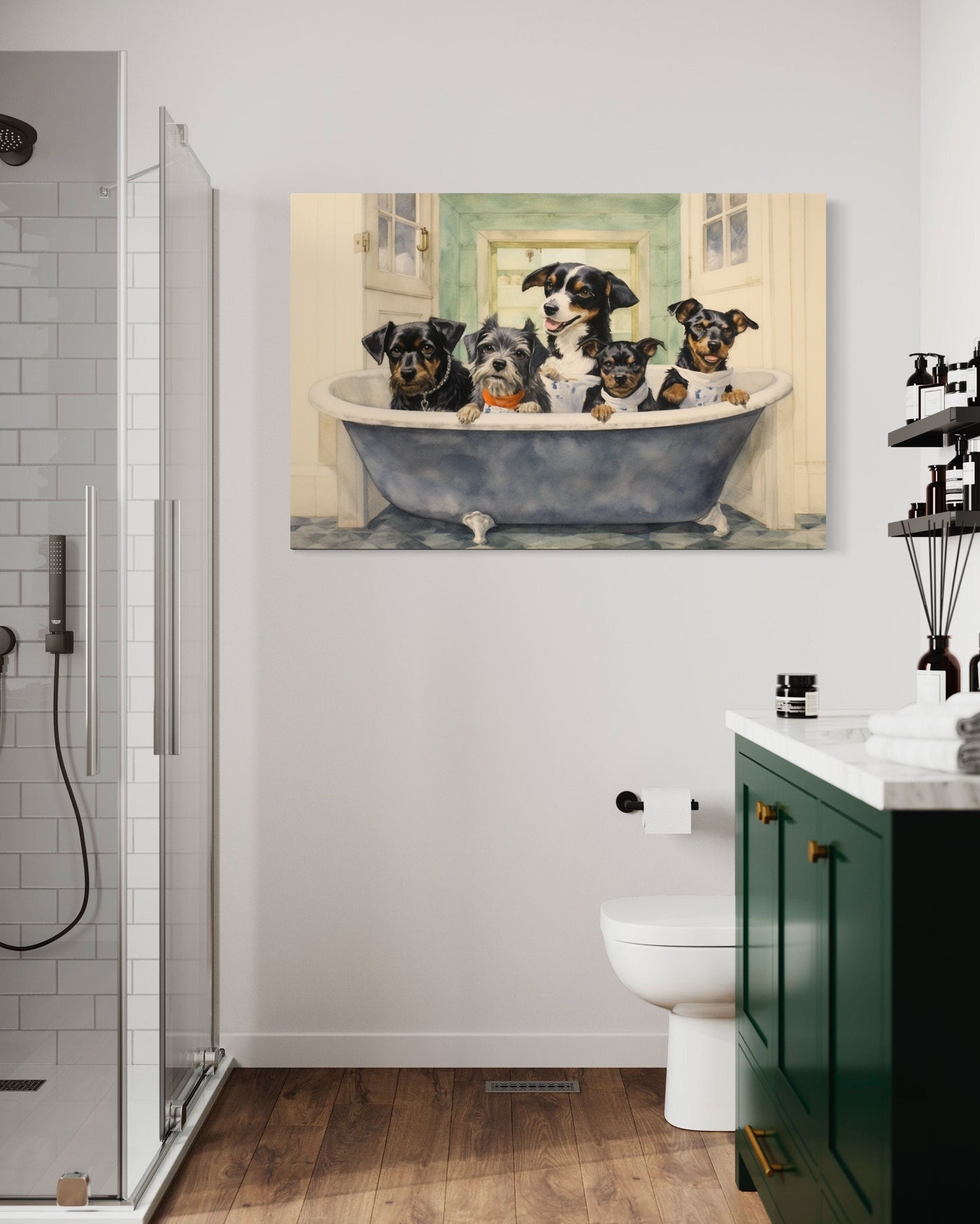 Dogs in a Bathtub Watercolor Framed Canvas Wall Art