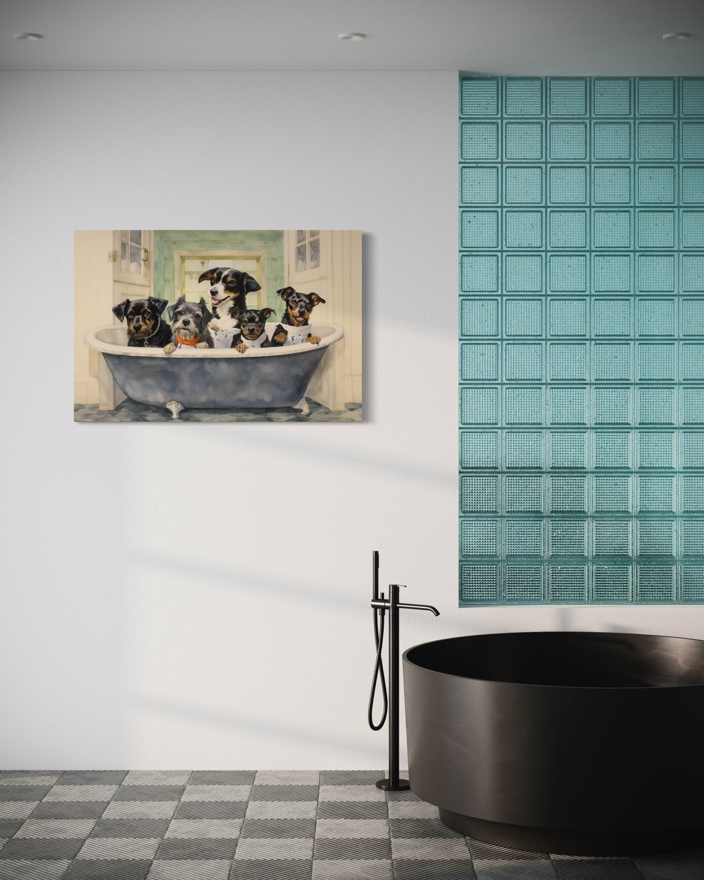 Dogs in a Bathtub Watercolor Framed Canvas Wall Art