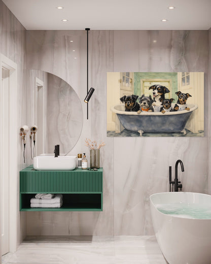 Dogs in a Bathtub Watercolor Framed Canvas Wall Art