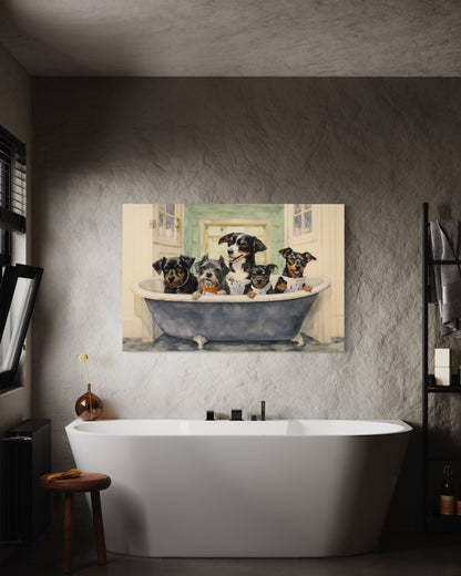 Dogs in a Bathtub Watercolor Framed Canvas Wall Art
