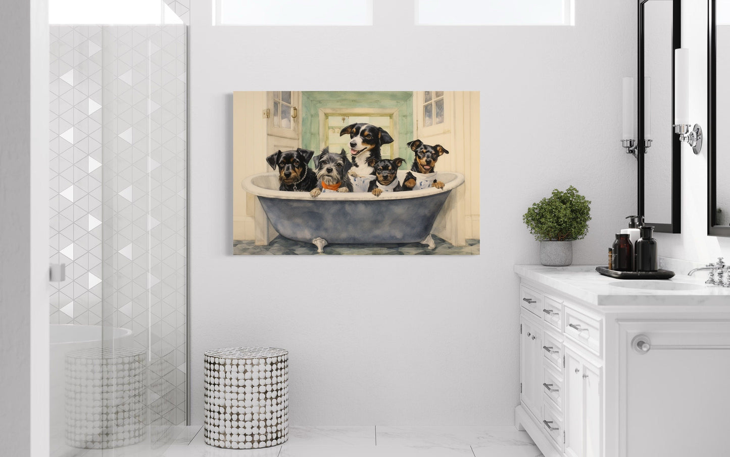Dogs in a Bathtub Watercolor Framed Canvas Wall Art
