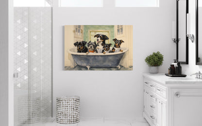 Dogs in a Bathtub Watercolor Framed Canvas Wall Art