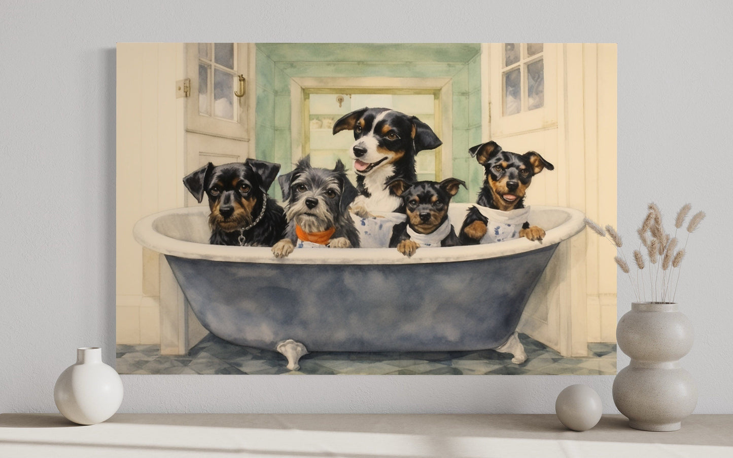 Dogs in a Bathtub Watercolor Framed Canvas Wall Art