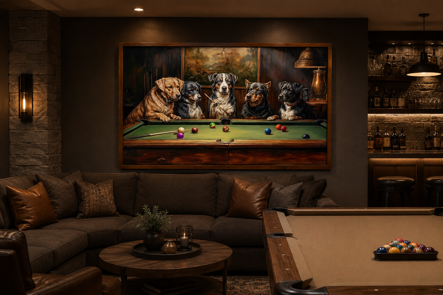 Dogs Playing Pool Framed Canvas Wall Art For Game Room Decor
