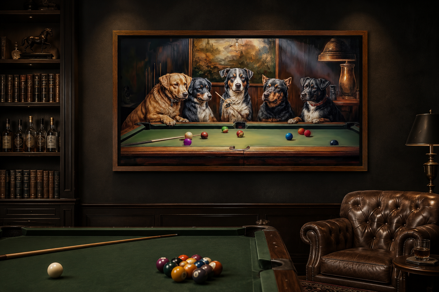 Dogs Playing Pool Framed Canvas Wall Art For Game Room Decor