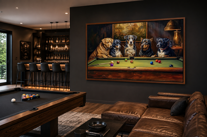 Dogs Playing Pool Framed Canvas Wall Art For Game Room Decor