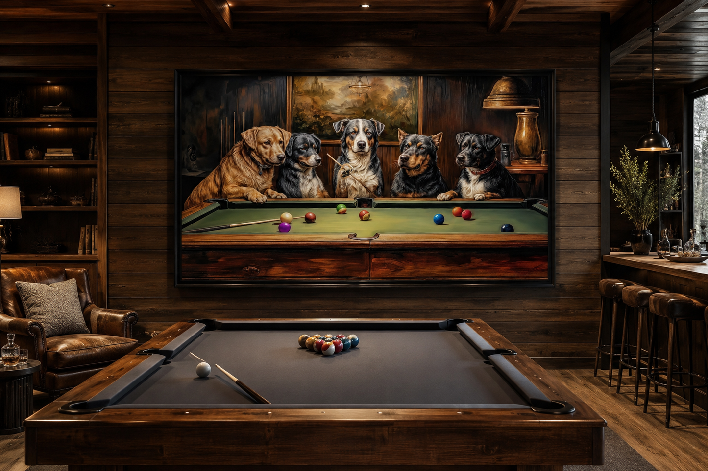 Dogs Playing Pool Framed Canvas Wall Art For Game Room Decor