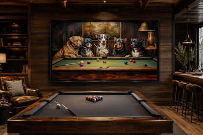 Dogs Playing Pool Framed Canvas Wall Art For Game Room Decor